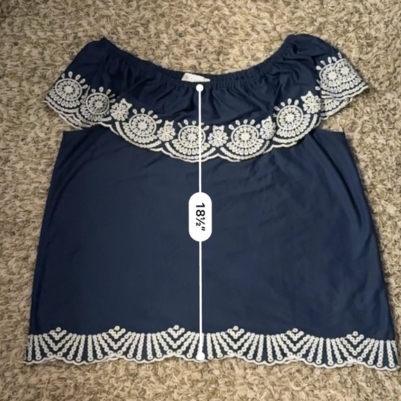 Fever Navy Blue Off-Shoulder Blouse with White Embroidery - Picture 3 of 6